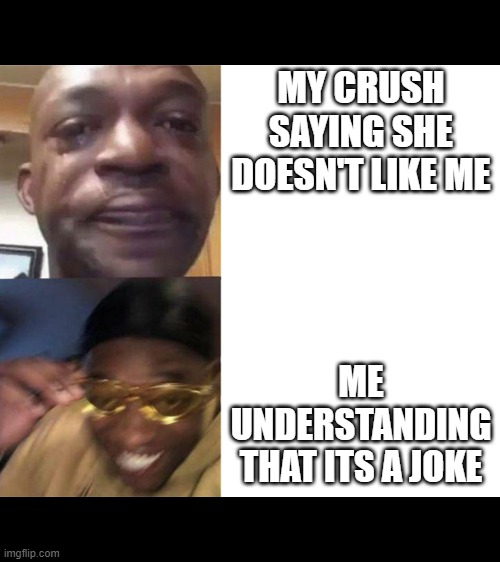 its true | MY CRUSH SAYING SHE DOESN'T LIKE ME; ME UNDERSTANDING THAT ITS A JOKE | image tagged in crying guy/guy with sunglasses | made w/ Imgflip meme maker