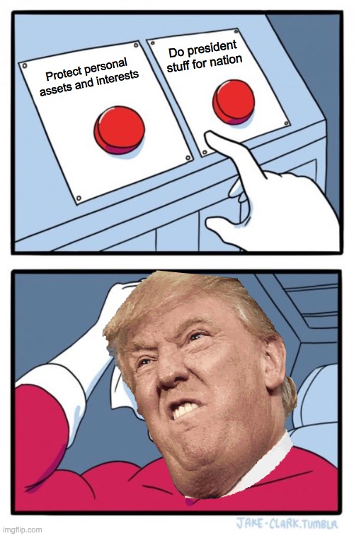 Two Buttons | Do president stuff for nation; Protect personal assets and interests | image tagged in memes,two buttons | made w/ Imgflip meme maker