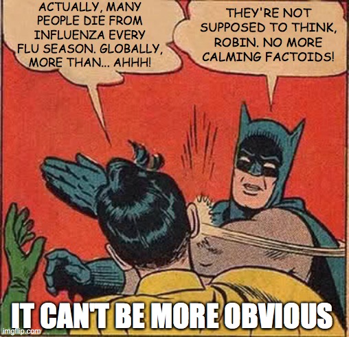 Batman Slapping Robin | ACTUALLY, MANY PEOPLE DIE FROM INFLUENZA EVERY FLU SEASON. GLOBALLY, MORE THAN... AHHH! THEY'RE NOT SUPPOSED TO THINK, ROBIN. NO MORE CALMING FACTOIDS! IT CAN'T BE MORE OBVIOUS | image tagged in memes,batman slapping robin | made w/ Imgflip meme maker