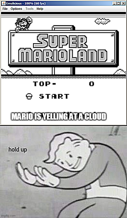 Mario is not ok | MARIO IS YELLING AT A CLOUD | image tagged in fallout hold up | made w/ Imgflip meme maker