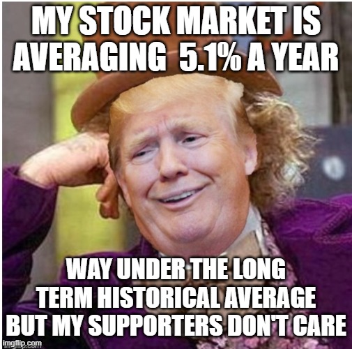 Sooooo tired of his brand of winning | MY STOCK MARKET IS AVERAGING  5.1% A YEAR; WAY UNDER THE LONG TERM HISTORICAL AVERAGE BUT MY SUPPORTERS DON'T CARE | image tagged in wonka trump | made w/ Imgflip meme maker