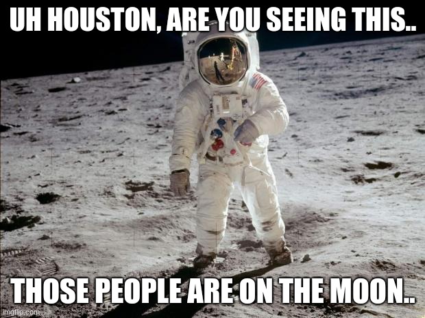 Moon Landing | UH HOUSTON, ARE YOU SEEING THIS.. THOSE PEOPLE ARE ON THE MOON.. | image tagged in moon landing | made w/ Imgflip meme maker