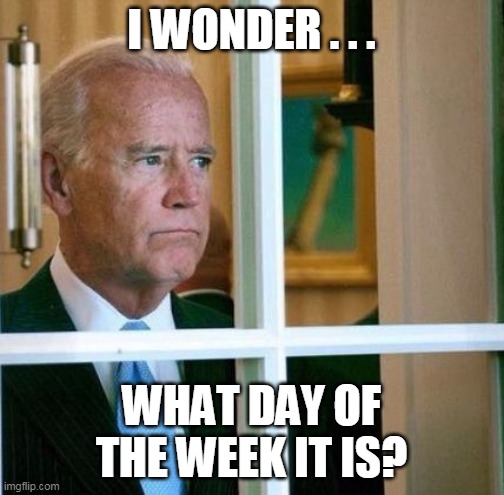 Sad Joe Biden | I WONDER . . . WHAT DAY OF THE WEEK IT IS? | image tagged in sad joe biden | made w/ Imgflip meme maker