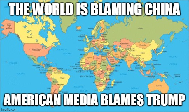 world map | THE WORLD IS BLAMING CHINA AMERICAN MEDIA BLAMES TRUMP | image tagged in world map | made w/ Imgflip meme maker