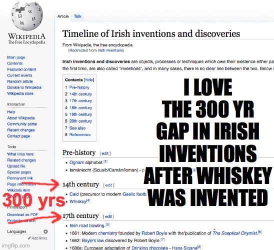 That's one long hangover | I LOVE THE 300 YR GAP IN IRISH INVENTIONS AFTER WHISKEY WAS INVENTED; 300 yrs | image tagged in inventions,irish,whiskey | made w/ Imgflip meme maker