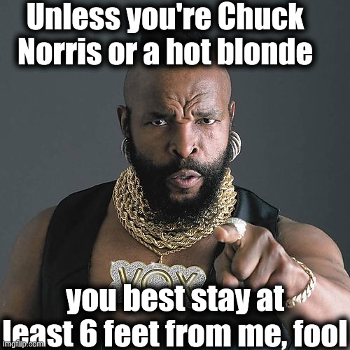 Even Mr T doesn't mess with Chuck! lol |  Unless you're Chuck Norris or a hot blonde; you best stay at least 6 feet from me, fool | image tagged in mr t pity the fool,chuck norris,covid-19,social distancing | made w/ Imgflip meme maker