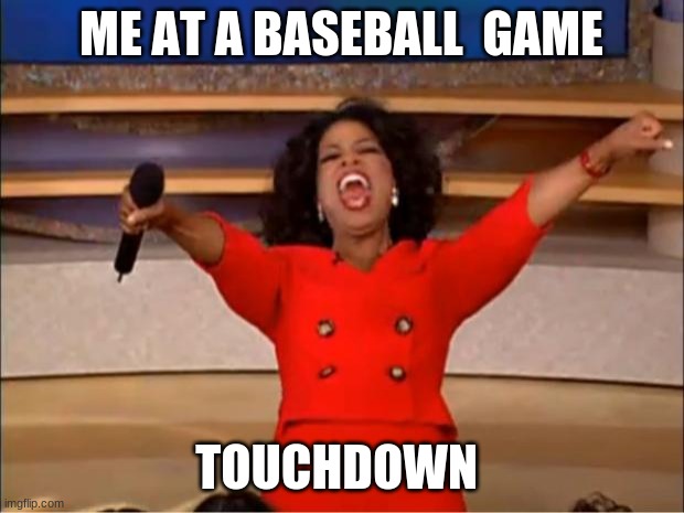 Oprah You Get A Meme | ME AT A BASEBALL  GAME; TOUCHDOWN | image tagged in memes,oprah you get a | made w/ Imgflip meme maker