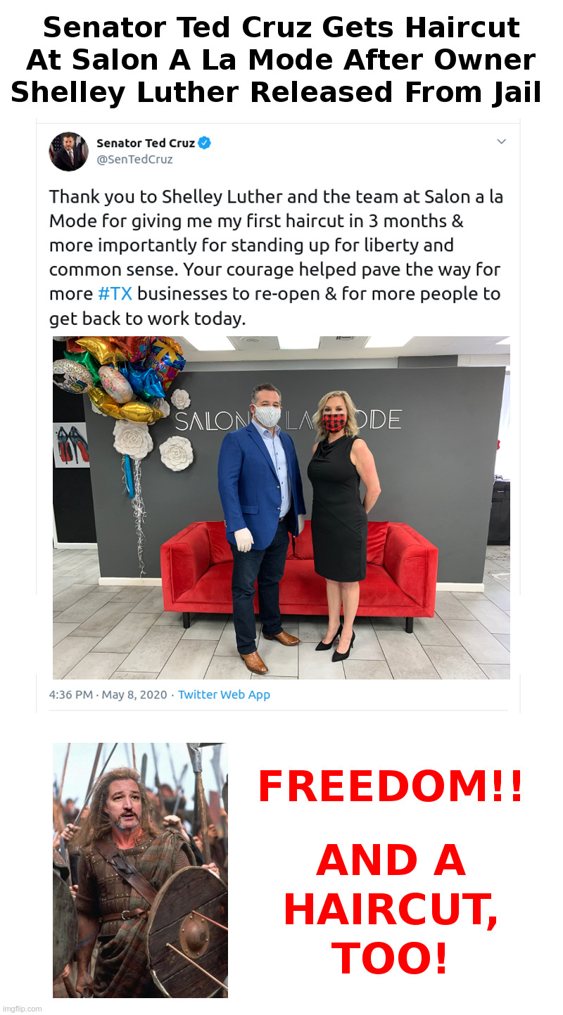 Ted Cruz Thanks Shelley Luther For Standing Up For Liberty And Common Sense | image tagged in ted cruz,shelley luther,braveheart,coronavirus,lockdown,haircut | made w/ Imgflip meme maker