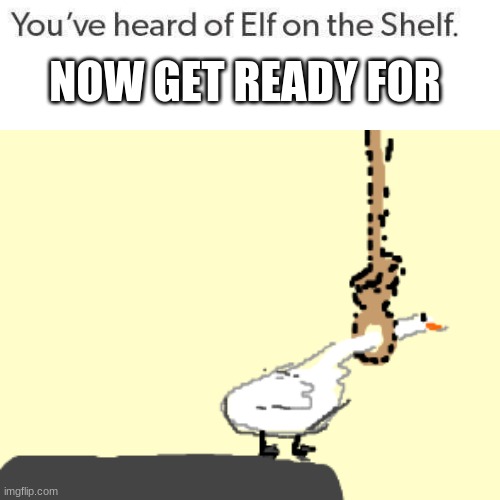 goose on the _____ | NOW GET READY FOR | image tagged in elf on the shelf | made w/ Imgflip meme maker
