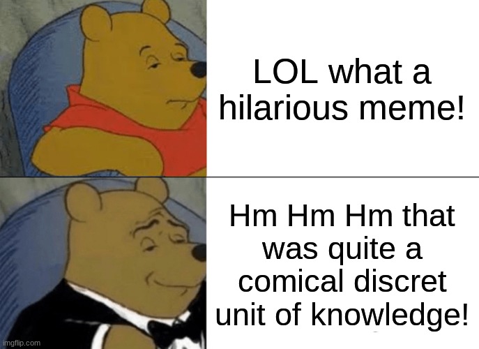 Tuxedo Winnie The Pooh | LOL what a hilarious meme! Hm Hm Hm that was quite a comical discret unit of knowledge! | image tagged in memes,tuxedo winnie the pooh | made w/ Imgflip meme maker
