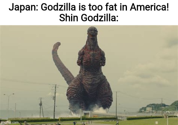 Japan: Godzilla is too fat in America!
Shin Godzilla: | image tagged in shin gojira | made w/ Imgflip meme maker