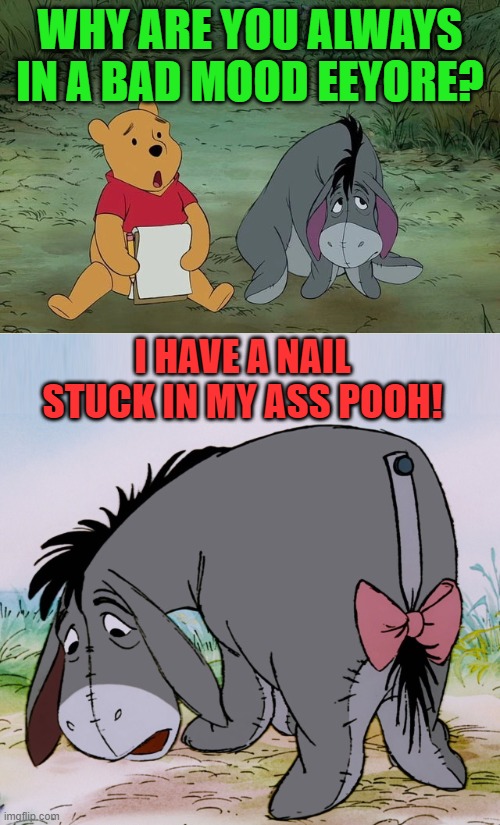 silly questions | WHY ARE YOU ALWAYS IN A BAD MOOD EEYORE? I HAVE A NAIL STUCK IN MY ASS POOH! | image tagged in eeyore,winnie the pooh | made w/ Imgflip meme maker