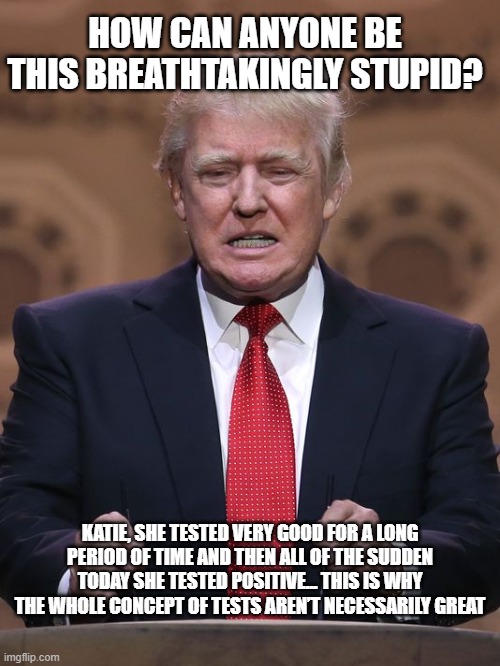Donald Trump | HOW CAN ANYONE BE THIS BREATHTAKINGLY STUPID? KATIE, SHE TESTED VERY GOOD FOR A LONG PERIOD OF TIME AND THEN ALL OF THE SUDDEN TODAY SHE TESTED POSITIVE... THIS IS WHY THE WHOLE CONCEPT OF TESTS AREN’T NECESSARILY GREAT | image tagged in donald trump,donald trump is an idiot,PoliticalHumor | made w/ Imgflip meme maker