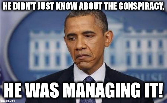 Obama Sad Face | HE DIDN'T JUST KNOW ABOUT THE CONSPIRACY, HE WAS MANAGING IT! | image tagged in obama sad face,democrats,spygate,biden | made w/ Imgflip meme maker