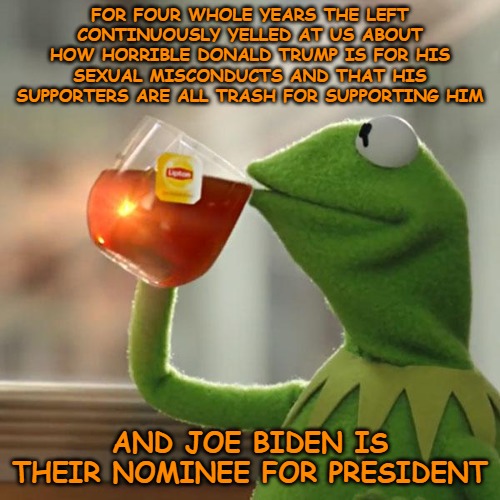 Degenerate Hypocrites | FOR FOUR WHOLE YEARS THE LEFT CONTINUOUSLY YELLED AT US ABOUT HOW HORRIBLE DONALD TRUMP IS FOR HIS SEXUAL MISCONDUCTS AND THAT HIS SUPPORTERS ARE ALL TRASH FOR SUPPORTING HIM; AND JOE BIDEN IS THEIR NOMINEE FOR PRESIDENT | image tagged in memes,but that's none of my business,kermit the frog,politics | made w/ Imgflip meme maker