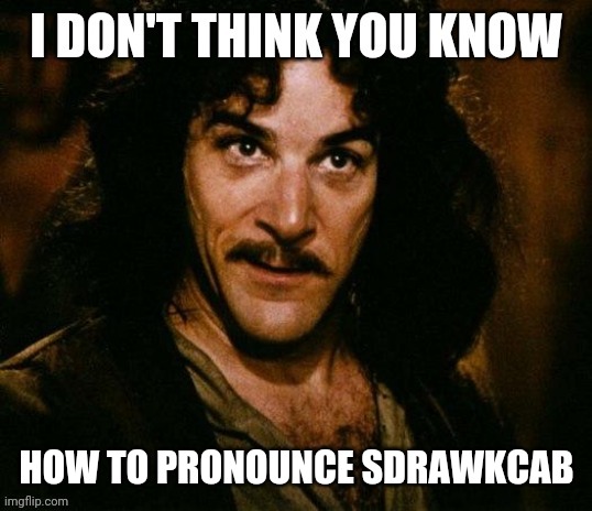 This is Pretty Lufwa | HOW TO PRONOUNCE SDRAWKCAB | image tagged in bizarro inego montoya | made w/ Imgflip meme maker