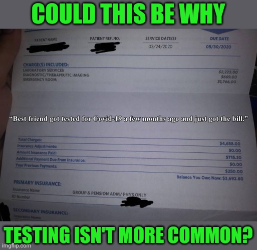Maybe we should infect the insurance companies | COULD THIS BE WHY; TESTING ISN'T MORE COMMON? | image tagged in covid-19,healthscam | made w/ Imgflip meme maker