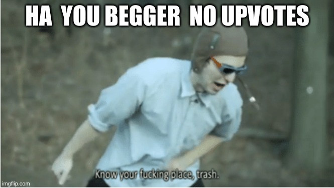 Know your place trash | HA  YOU BEGGER  NO UPVOTES | image tagged in know your place trash | made w/ Imgflip meme maker
