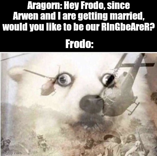 Vietnam dog | Aragorn: Hey Frodo, since Arwen and I are getting married, would you like to be our RInGbeAreR? Frodo: | image tagged in vietnam dog,lord of the rings | made w/ Imgflip meme maker