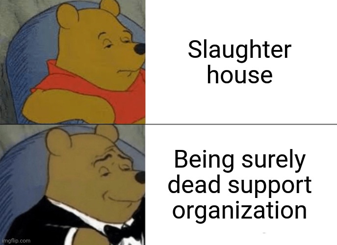 -Souls of corrupted getting goods algorithm. | Slaughter house; Being surely dead support organization | image tagged in memes,tuxedo winnie the pooh,the man behind the slaughter,house,tech support,sad cartoon | made w/ Imgflip meme maker