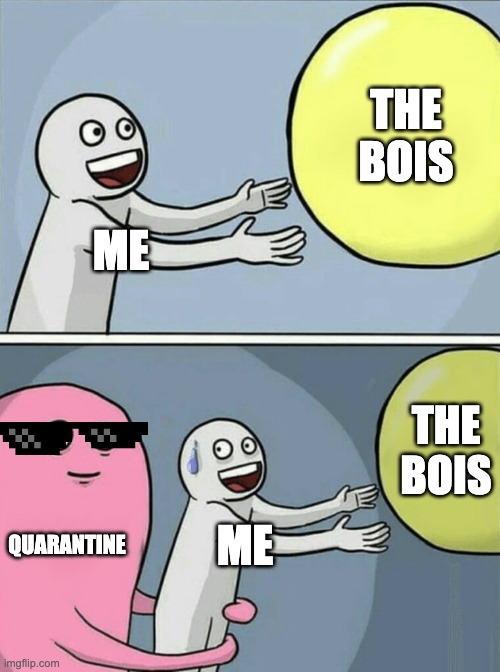 Me, my bois, and quarantine | THE BOIS; ME; THE BOIS; QUARANTINE; ME | image tagged in memes,running away balloon | made w/ Imgflip meme maker