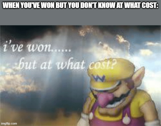 A meme | WHEN YOU'VE WON BUT YOU DON'T KNOW AT WHAT COST: | image tagged in i've won but at what cost | made w/ Imgflip meme maker