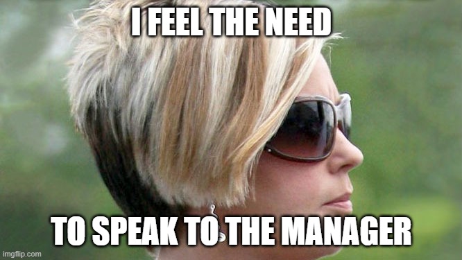 Karen | I FEEL THE NEED; TO SPEAK TO THE MANAGER | image tagged in karen,entitledparentsmemes | made w/ Imgflip meme maker