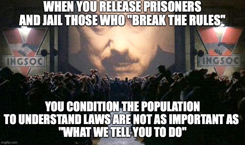you'll fine if you just follow "the rules" | WHEN YOU RELEASE PRISONERS AND JAIL THOSE WHO "BREAK THE RULES"; YOU CONDITION THE POPULATION TO UNDERSTAND LAWS ARE NOT AS IMPORTANT AS 
"WHAT WE TELL YOU TO DO" | image tagged in big brother | made w/ Imgflip meme maker