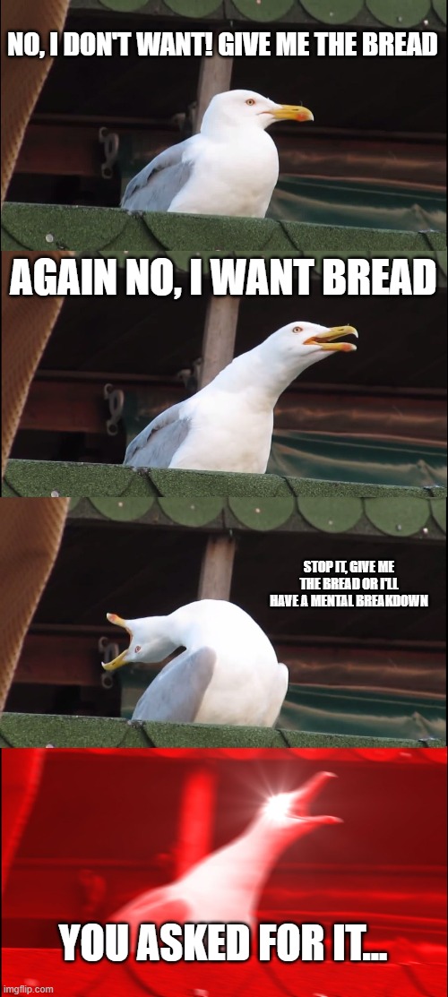 listen to the gull next time |  NO, I DON'T WANT! GIVE ME THE BREAD; AGAIN NO, I WANT BREAD; STOP IT, GIVE ME THE BREAD OR I'LL HAVE A MENTAL BREAKDOWN; YOU ASKED FOR IT... | image tagged in memes,inhaling seagull | made w/ Imgflip meme maker