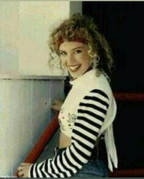 Striped shirt she wore for the “I Should Be So Lucky” music video | image tagged in kylie young,music video,style,1980s,shirt,young | made w/ Imgflip meme maker