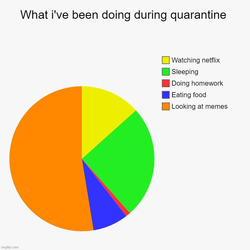 I've been busy | What i've been doing during quarantine | Looking at memes, Eating food, Doing homework, Sleeping, Watching netflix | image tagged in charts,pie charts,memes,funny,quarantine | made w/ Imgflip chart maker