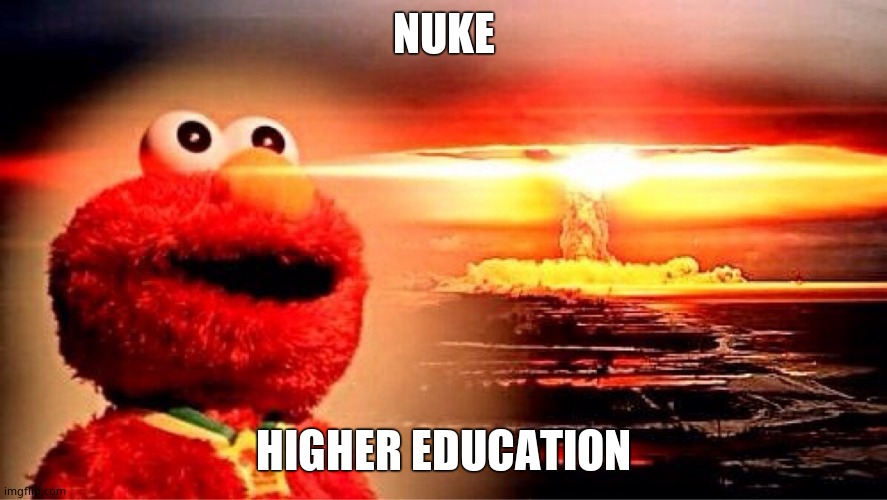 elmo nuclear explosion | NUKE HIGHER EDUCATION | image tagged in elmo nuclear explosion | made w/ Imgflip meme maker