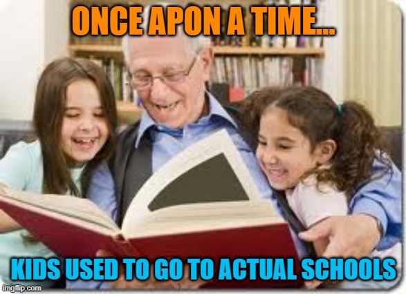 kids went to school | ONCE APON A TIME... KIDS USED TO GO TO ACTUAL SCHOOLS | image tagged in memes,storytelling grandpa | made w/ Imgflip meme maker