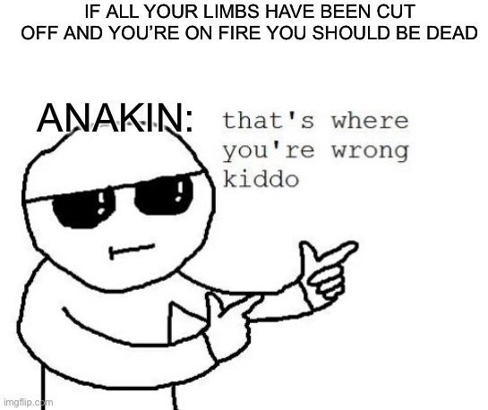 That's where you're wrong kiddo | IF ALL YOUR LIMBS HAVE BEEN CUT OFF AND YOU’RE ON FIRE YOU SHOULD BE DEAD; ANAKIN: | image tagged in that's where you're wrong kiddo | made w/ Imgflip meme maker