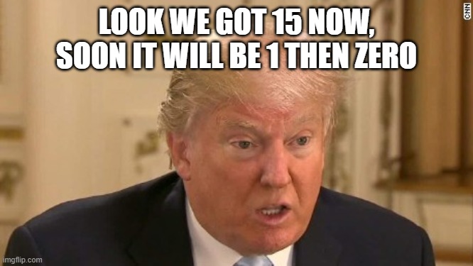 Trump Stupid Face | LOOK WE GOT 15 NOW, SOON IT WILL BE 1 THEN ZERO | image tagged in trump stupid face | made w/ Imgflip meme maker