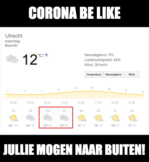 Corona be like | CORONA BE LIKE; JULLIE MOGEN NAAR BUITEN! | image tagged in corona,weather | made w/ Imgflip meme maker