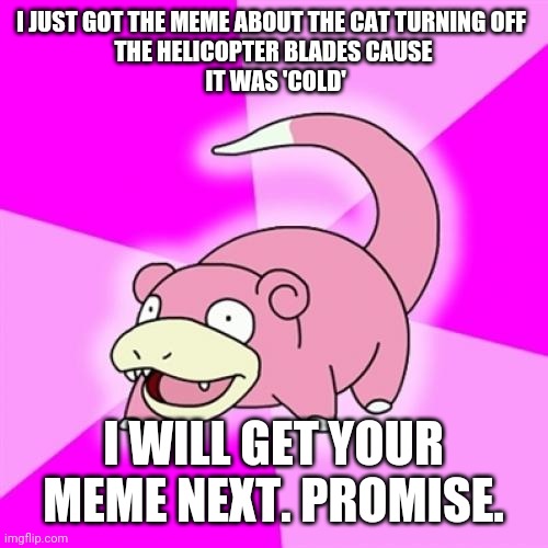 Slowpoke Meme | I JUST GOT THE MEME ABOUT THE CAT TURNING OFF 
THE HELICOPTER BLADES CAUSE
 IT WAS 'COLD' I WILL GET YOUR MEME NEXT. PROMISE. | image tagged in memes,slowpoke | made w/ Imgflip meme maker