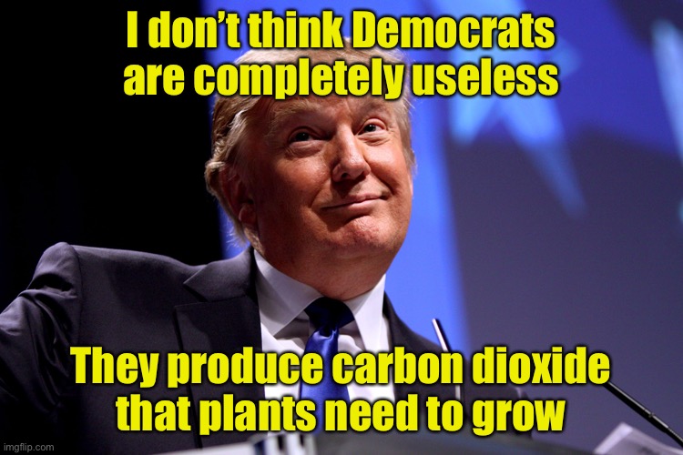 Reaching across the aisle | I don’t think Democrats are completely useless; They produce carbon dioxide
that plants need to grow | image tagged in donald trump no2,democrats,nice guy | made w/ Imgflip meme maker