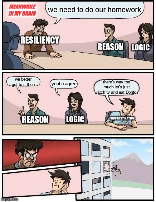 Boardroom Meeting Suggestion Meme | we need to do our homework; MEANWHILE IN MY BRAIN; RESILIENCY; REASON; LOGIC; we better get to it then; yeah i agree; there's way too much let's just watch tv and eat Doritos; PROCRASTINATION; LOGIC; REASON | image tagged in memes,boardroom meeting suggestion | made w/ Imgflip meme maker