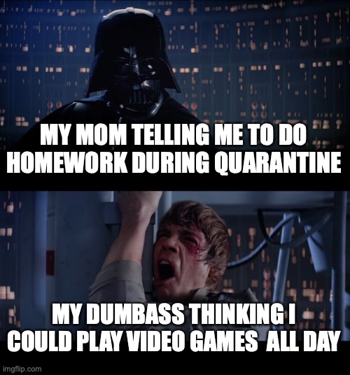 Video games VS mom - Quarantine edition | MY MOM TELLING ME TO DO HOMEWORK DURING QUARANTINE; MY DUMBASS THINKING I COULD PLAY VIDEO GAMES  ALL DAY | image tagged in memes,star wars no | made w/ Imgflip meme maker