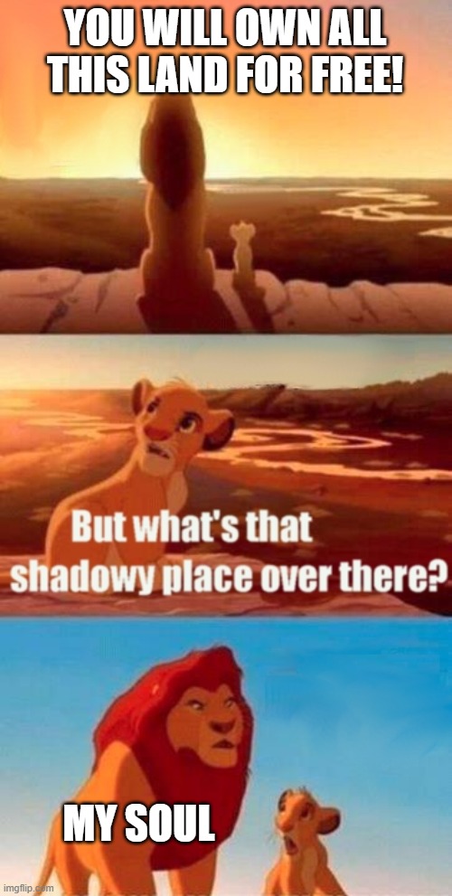 Simba Shadowy Place Meme | YOU WILL OWN ALL THIS LAND FOR FREE! MY SOUL | image tagged in memes,simba shadowy place | made w/ Imgflip meme maker