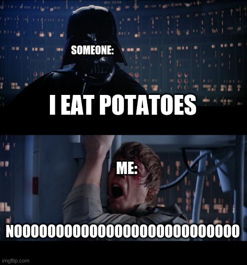 lol potatoes | SOMEONE:; I EAT POTATOES; ME:; NOOOOOOOOOOOOOOOOOOOOOOOOOOO | image tagged in memes,star wars no | made w/ Imgflip meme maker