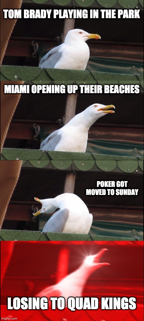 Poker | TOM BRADY PLAYING IN THE PARK; MIAMI OPENING UP THEIR BEACHES; POKER GOT MOVED TO SUNDAY; LOSING TO QUAD KINGS | image tagged in memes,inhaling seagull | made w/ Imgflip meme maker