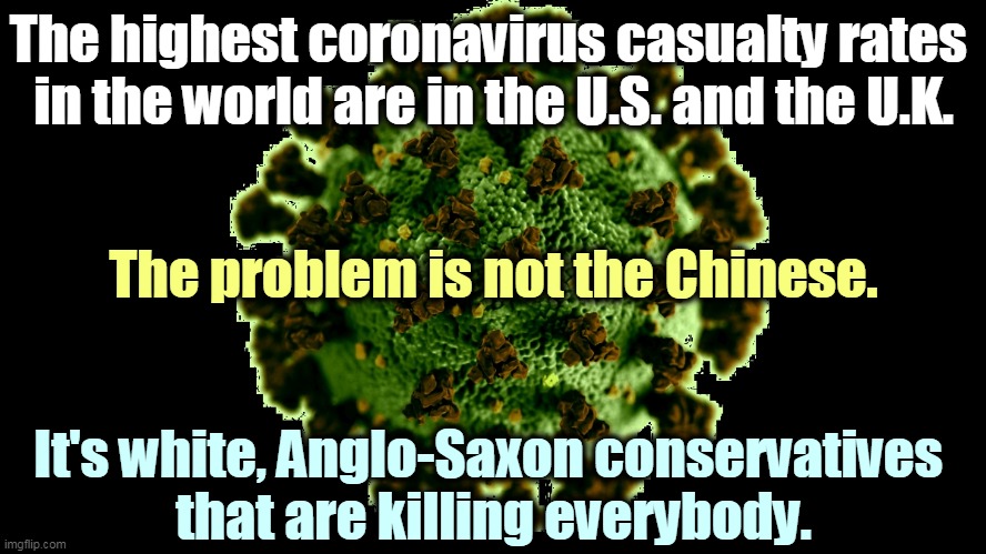 The Right is not skeptical, strong-minded and independent. The Right is stupid, vicious and pushovers for conspiracy theories. | The highest coronavirus casualty rates 
in the world are in the U.S. and the U.K. The problem is not the Chinese. It's white, Anglo-Saxon conservatives 
that are killing everybody. | image tagged in coronavirus killer,covid-19,coronavirus,white,conservatives,killer | made w/ Imgflip meme maker