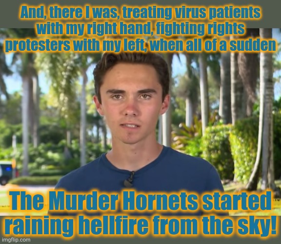 And, there I was, treating virus patients
with my right hand, fighting rights
protesters with my left, when all of a sudden; The Murder Hornets started
raining hellfire from the sky! | image tagged in david hogg,virus,hornets,rights | made w/ Imgflip meme maker