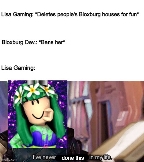 Roblox memes #28 |  Lisa Gaming: *Deletes people's Bloxburg houses for fun*; Bloxburg Dev.: *Bans her*; Lisa Gaming:; done this | image tagged in i have never met this man in my life | made w/ Imgflip meme maker