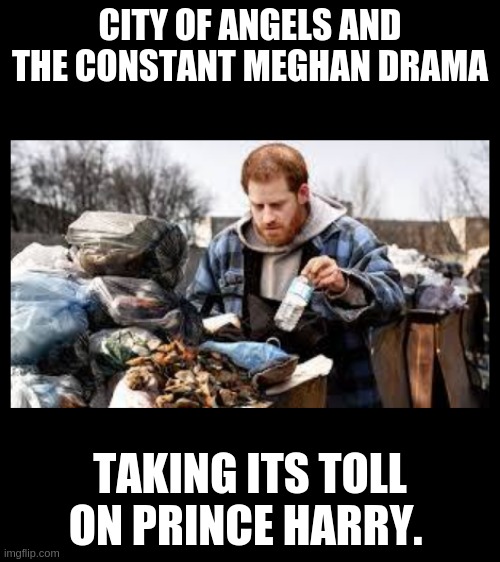 Hard Times Harry. That's what you get for marrying your Cousin. Yeah she's his distant Cousin. No wonder their baby is so Ugly. | CITY OF ANGELS AND THE CONSTANT MEGHAN DRAMA; TAKING ITS TOLL ON PRINCE HARRY. | image tagged in prince harry,la homeless,eating from trash | made w/ Imgflip meme maker