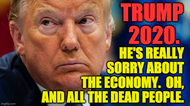 Let's get this show on the road! | TRUMP
 2020. HE'S REALLY
SORRY ABOUT
THE ECONOMY.  OH,
AND ALL THE DEAD PEOPLE. | image tagged in memes,trump 2020,so you have chosen death,he's really sorry,well actually no | made w/ Imgflip meme maker