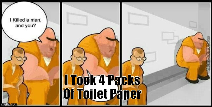 Oof | I Took 4 Packs Of Toilet Paper | image tagged in prisoners blank | made w/ Imgflip meme maker