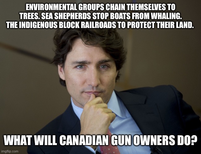 Justin Trudeau readiness | ENVIRONMENTAL GROUPS CHAIN THEMSELVES TO TREES. SEA SHEPHERDS STOP BOATS FROM WHALING. THE INDIGENOUS BLOCK RAILROADS TO PROTECT THEIR LAND. WHAT WILL CANADIAN GUN OWNERS DO? | image tagged in justin trudeau readiness | made w/ Imgflip meme maker